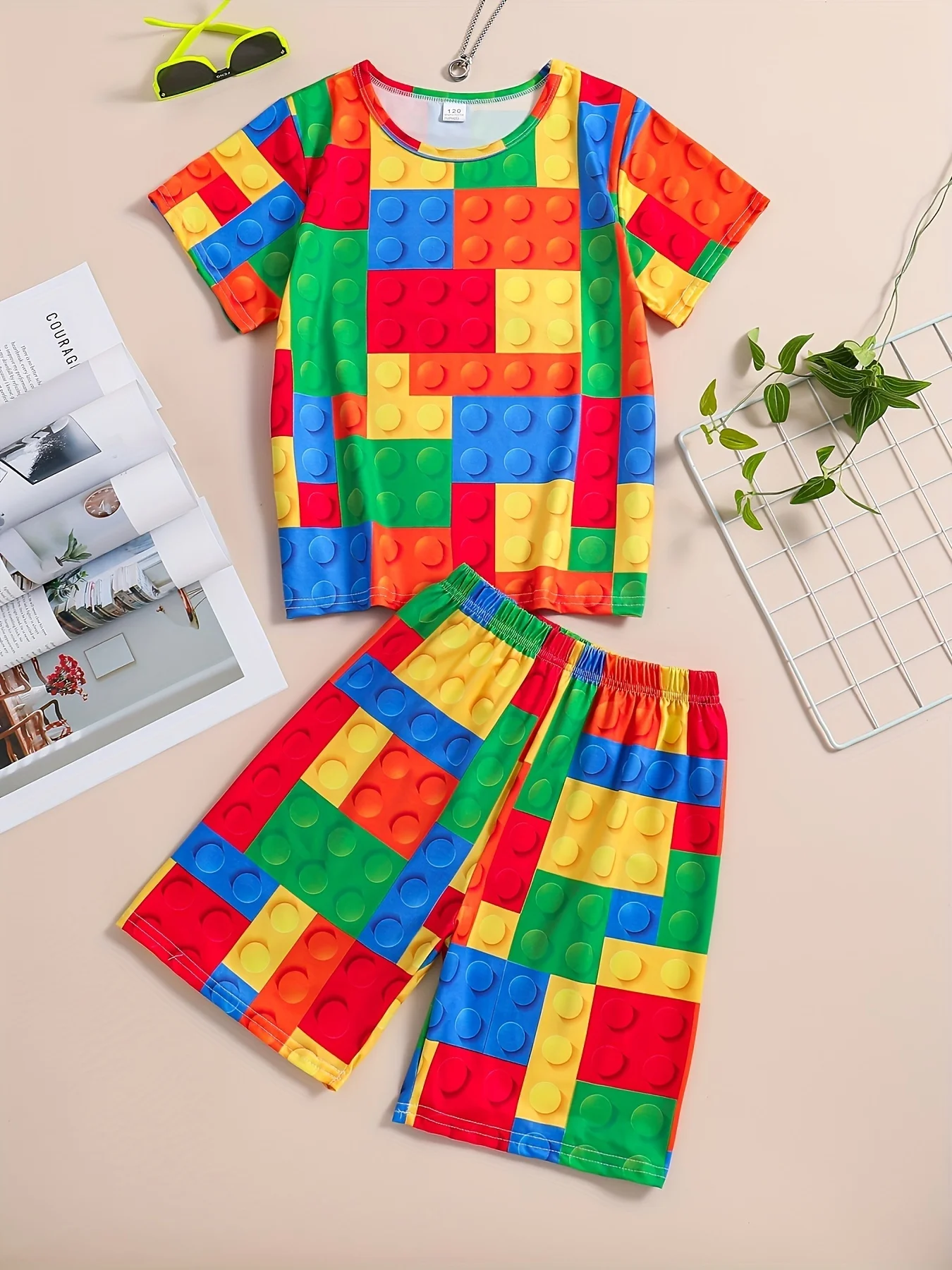 2026 Children's Clothing 3D Colourful Bricks Summer Tops Child Sets Short Sleeve Kids Tracksuit Sets Fashion Boys Kids Clothes