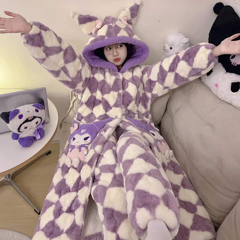 2Pcs Hellokitty Kawaii Plush Pajamas Anime Cartoon Kuromi Winter Velvet Thickening Cute Hooded Pajamas Home Clothes Girls Gifts