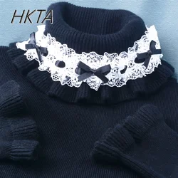 Lolita Bottoming Knitted Sweater Pullover Autumn Winter New Lotus Leaf Lace Women Elastic Slim Fit Black Turtleneck Sweater Top