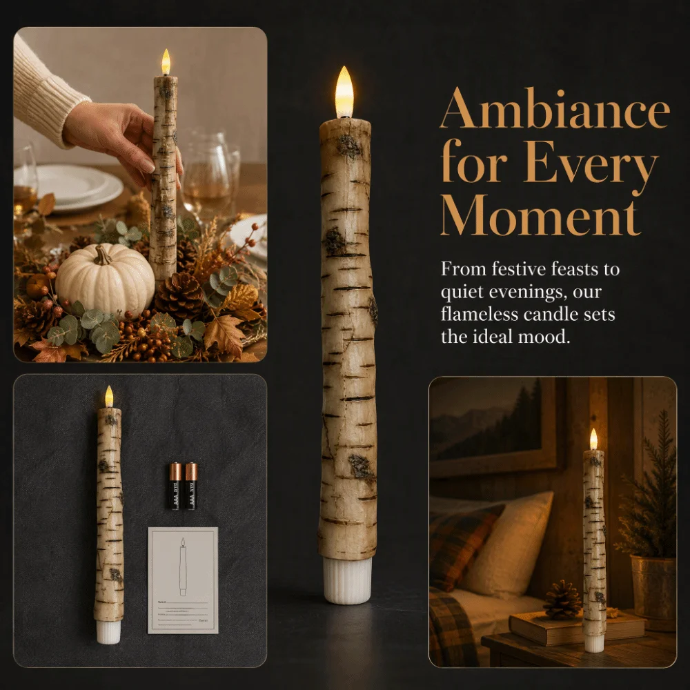 Soft Light LED Flameless Candles Flame Simulation Birch Wood Texture Electronic Candles LED Light Flameless Design