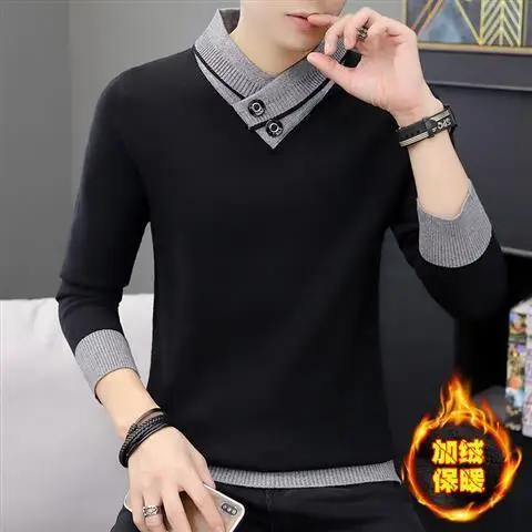Men Turtleneck Thick Long Sleeve Spliced Knitted Sweater Pullover Solid Color Autumn Winter Korean Style M181