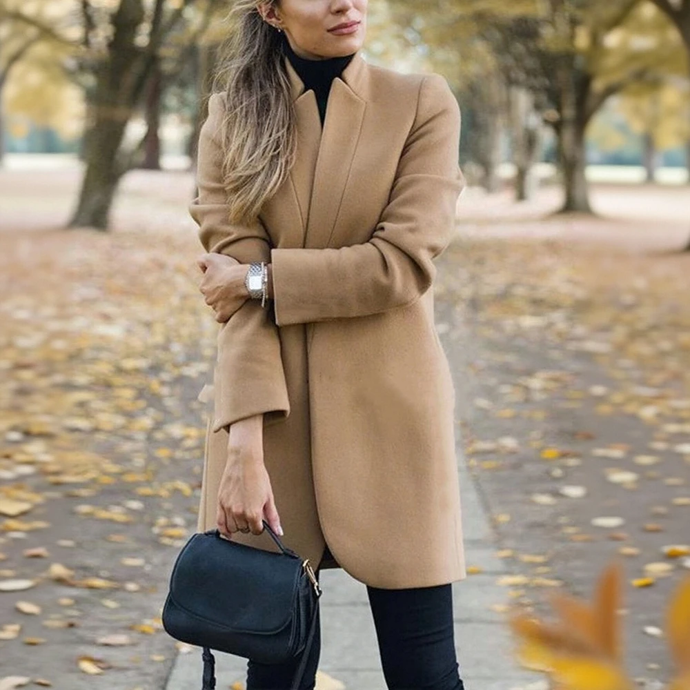 

Women's Fashion Solid Color Stand Collar Wool Coat European American Style Independent Station for Autumn Winter