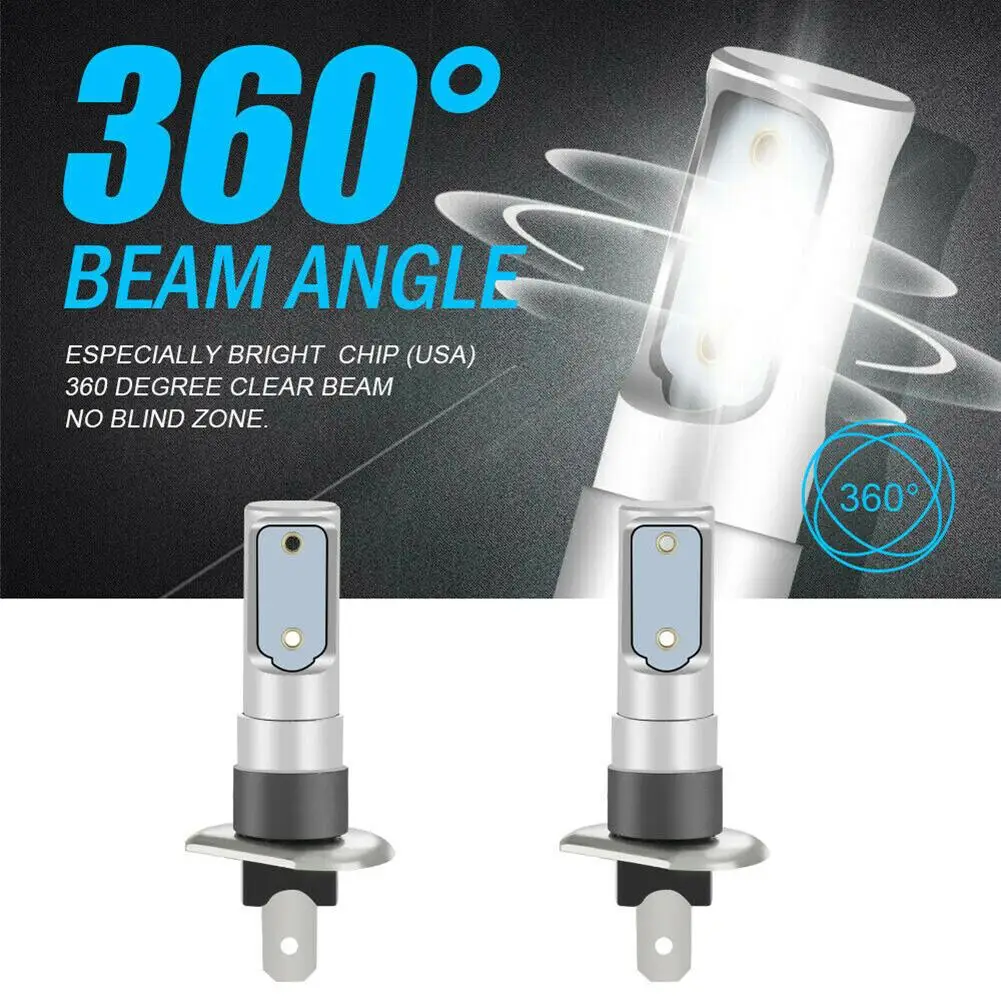 

2 Pcs H1 6000k Ultra White 55w 8000lm Led Headlight Bulbs Kit Car Fog Light Driving Lamp Ip68 Waterproof