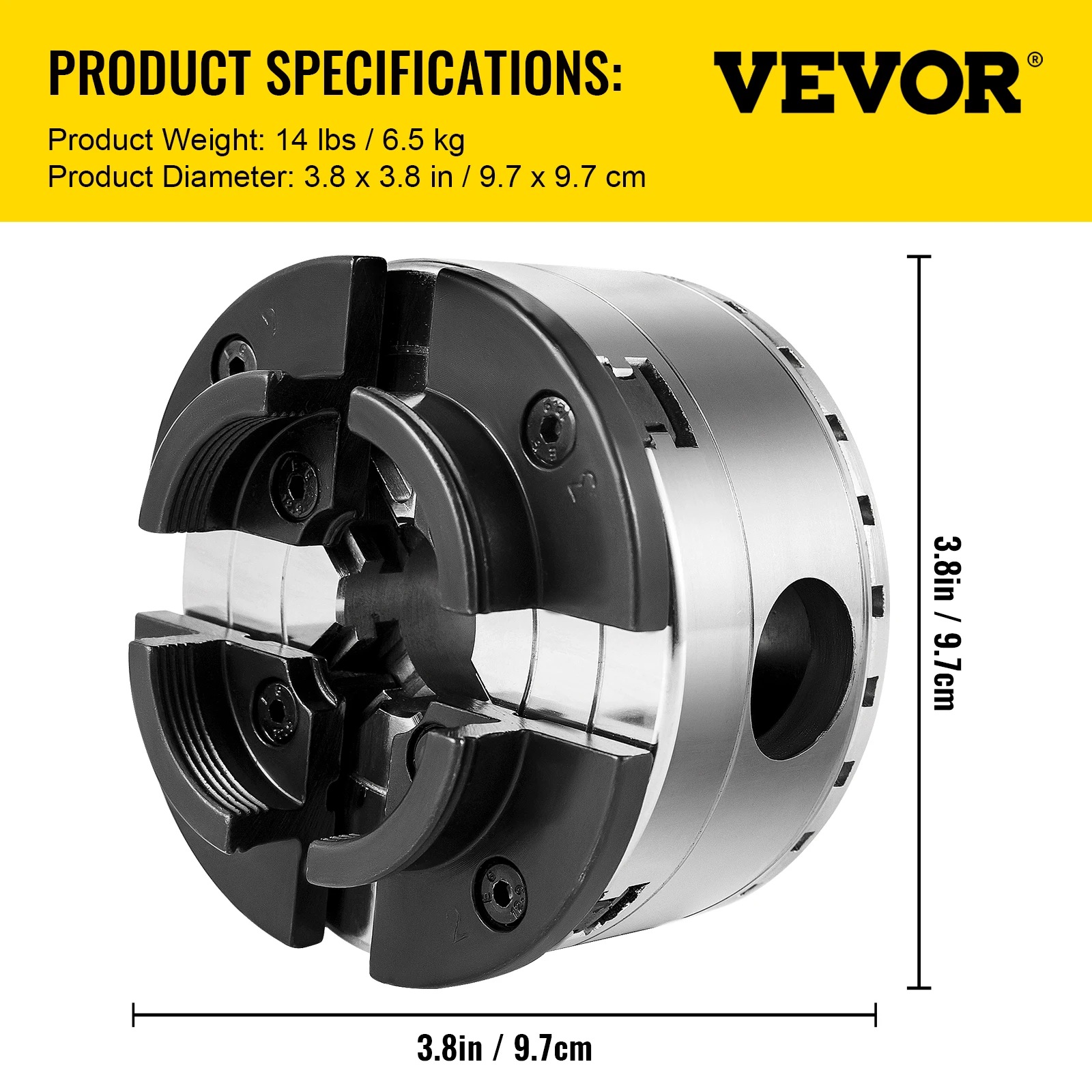 VEVOR 3.75 Inch 4 Jaws Lathe Chuck Set W/ Bevel Gear Screw Wrench Full Steel Body Durable Self-Centering for Woodworking Milling