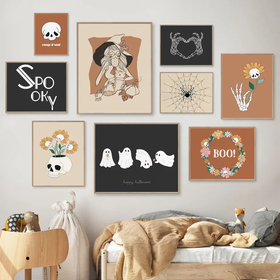 

Spooky Halloween Themed Wall Art Canvas - Skull Pumpkin Head Spider Baby Kids Bedroom Decor Gift