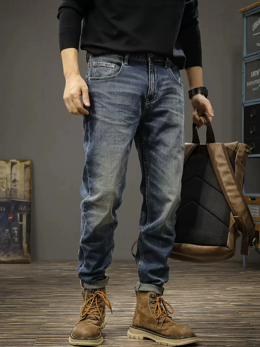 Italian Style Fashion Men Jeans Retro Blue High Quality Stretch Elastic Slim Fit Ripped Jeans Men Vintage Designer Pants Hombre