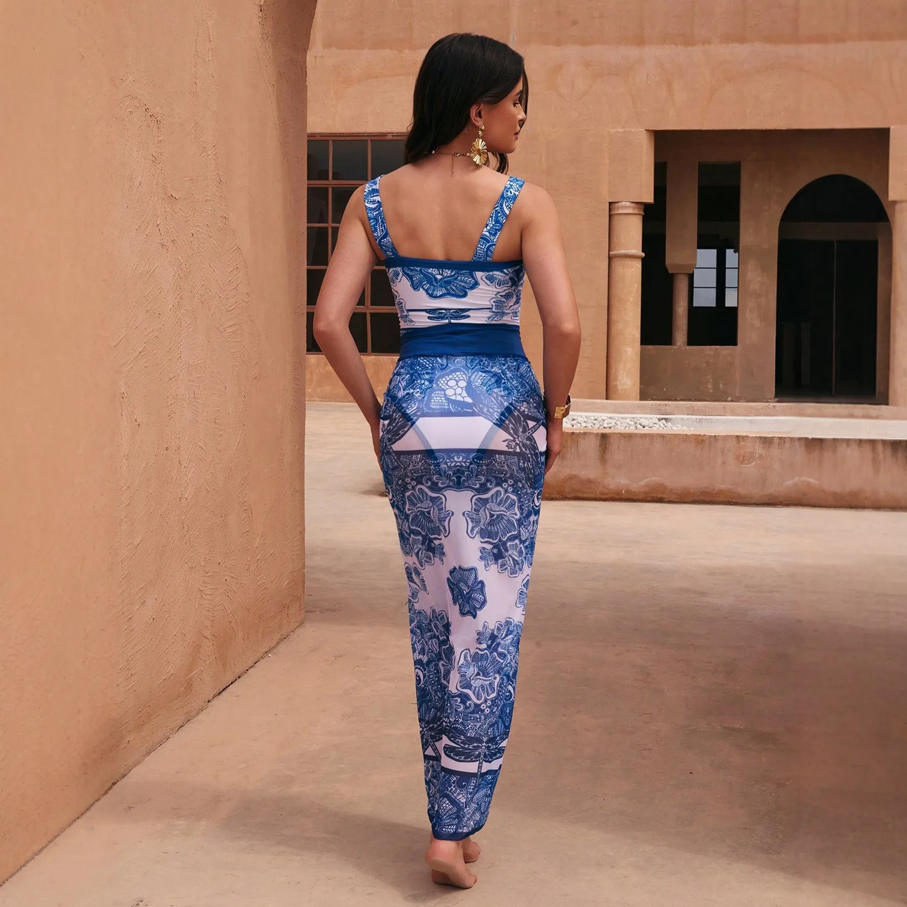 2026 New Women Printed One Piece Swimsuit with Cover Up Skirt Set Dragonfly Floral Bathing Suit Beach Wrap Sarong Swimwear