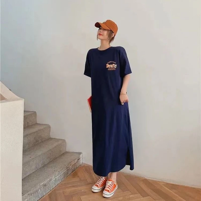 Robe t-shirt longue imprimée sur le genou pour femmes, robe de maison simple, pulls féminins, robe maxi décontractée, basique, été, mode