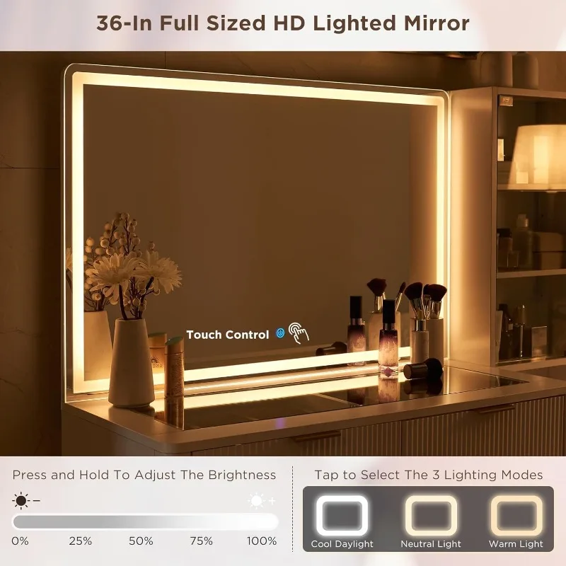 Mesa de maquiagem canelada T4TREAM com espelho iluminado HD de 36", grande mesa de vaidade moderna de 48" com espelho e luzes, penteadeira
