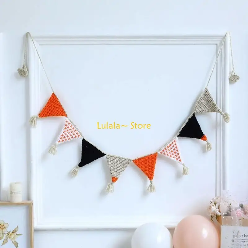 Y4QA Playful Nursery Decor Cotton Crochet Rainbows Flag Garland for Baby Room Decor
