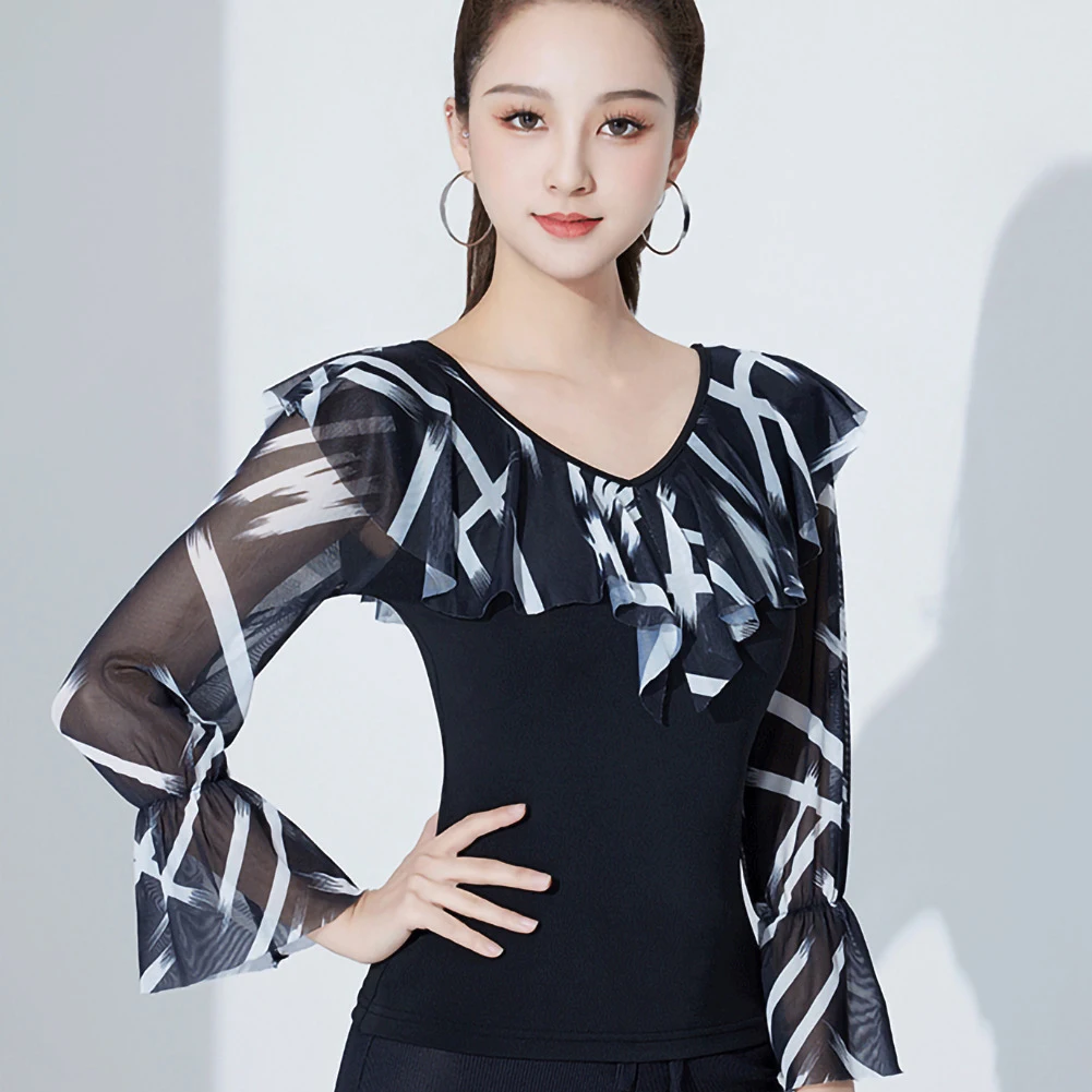Langärmliges Oberteil für Damen, bedrucktes Hemd, lateinamerikanischer Tanz, V-Ausschnitt, Samba, gerüschter Ball, schwarzes Übungs-Bühnenhemd
