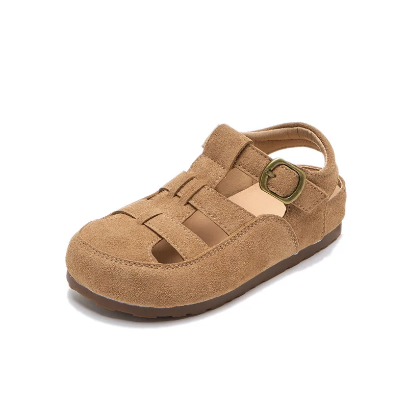 

Детские летние сандалии из высококачественной коровьей кожи для мальчиков, дышащие матовые пляжные сандалии для девочек, модная детская обувь с металлической застежкой-пуговицей