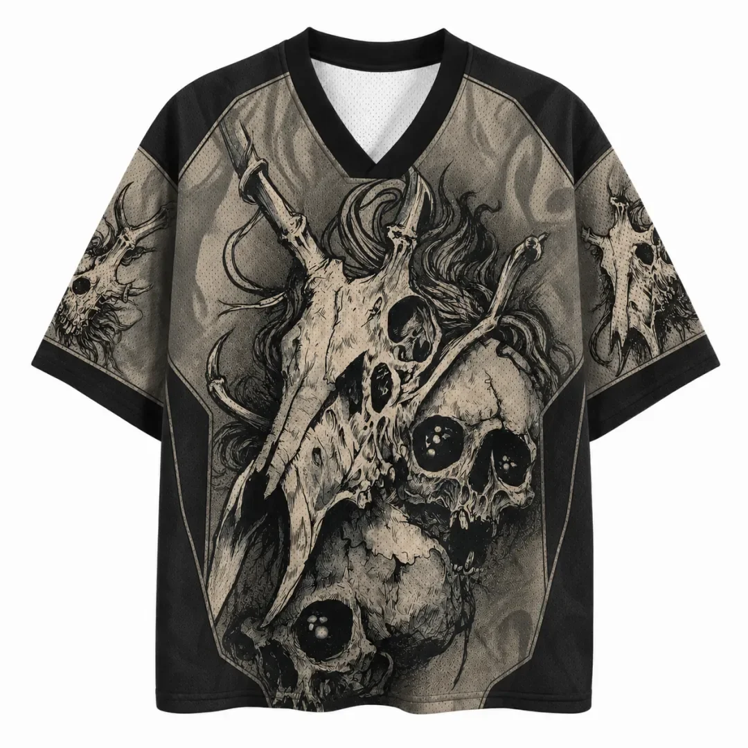 Retro Gothic Animal Skull and Human Skeleton Pattern Full Print Retro Dark Horror Art Breathable Mesh Sports T-shirt