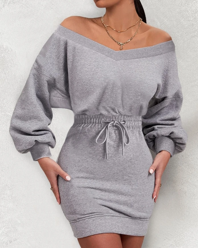 

Womens Dress Casual Autumn and Winter Fashion V-Neck Drawstring Stretchy Waist Lantern Long Sleeve Mini Bodycon Sweatshirt Dress