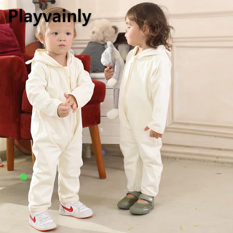 

Новая осенне-зимняя одежда для ползания младенцев и малышей, кремово-белый комбинезон на молнии с длинными рукавами и капюшоном, детский повседневный комбинезон A5324