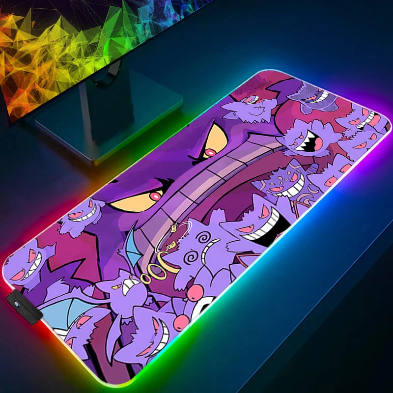 RGB Backlight Mouse Pad P-Pokemons Gengar Anime Gabinete HD Print XXL Computer LED Desk Mat Keyboard Gaming Accessories Mousepad