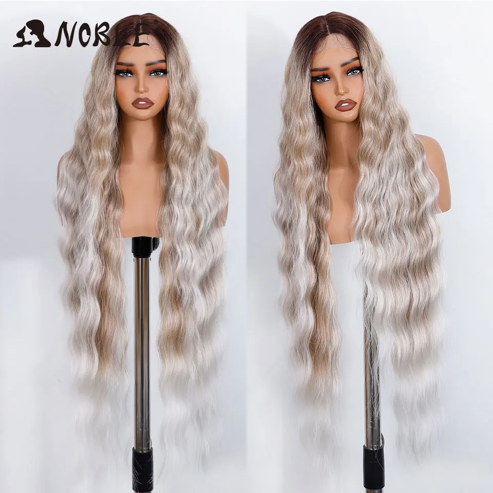 Edle synthetische Spitze-Front-Perücke, 91,4 cm lang, gewellt, Spitzenteil, Körper, gewellte Spitze-Perücke für Frauen, Spitze-Front-Perücke, Ombre-Blond, Cosplay-Perücke – Detail 13