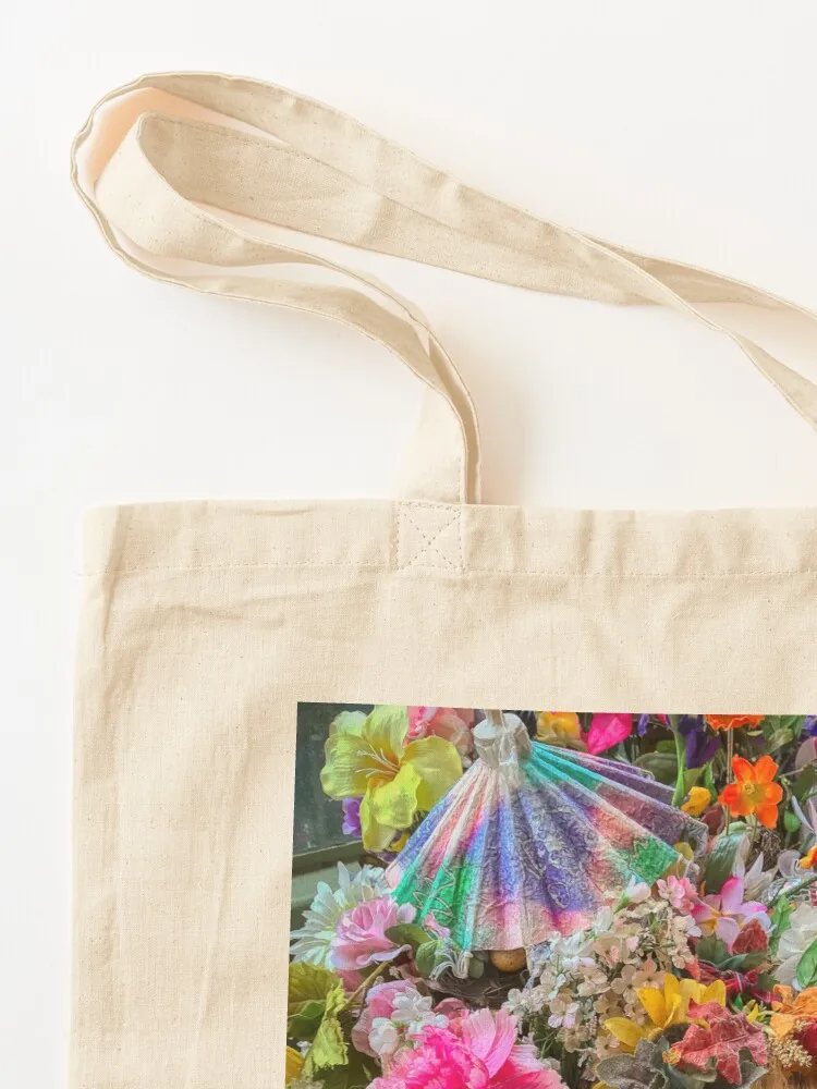 Pomeranian dog in a stroller wearing goggles surrounded by colorful flowers Seattle Tote Bag