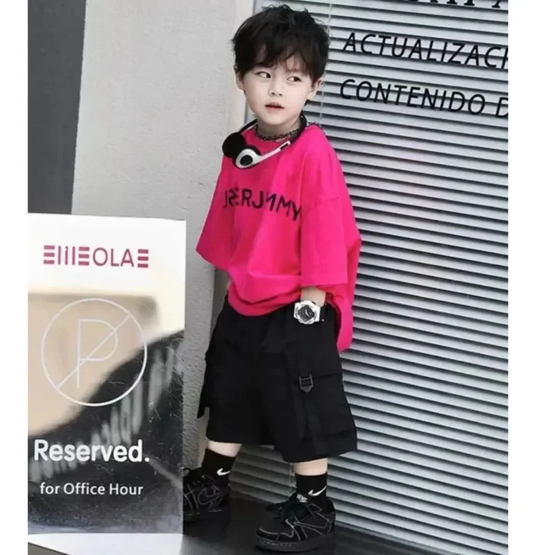 

Boys Set Loose T-shirt Shorts Two-piece Summer New Children's Clothes Korean Pitaya Color Black Cargo Shorts Street Fashion Sets