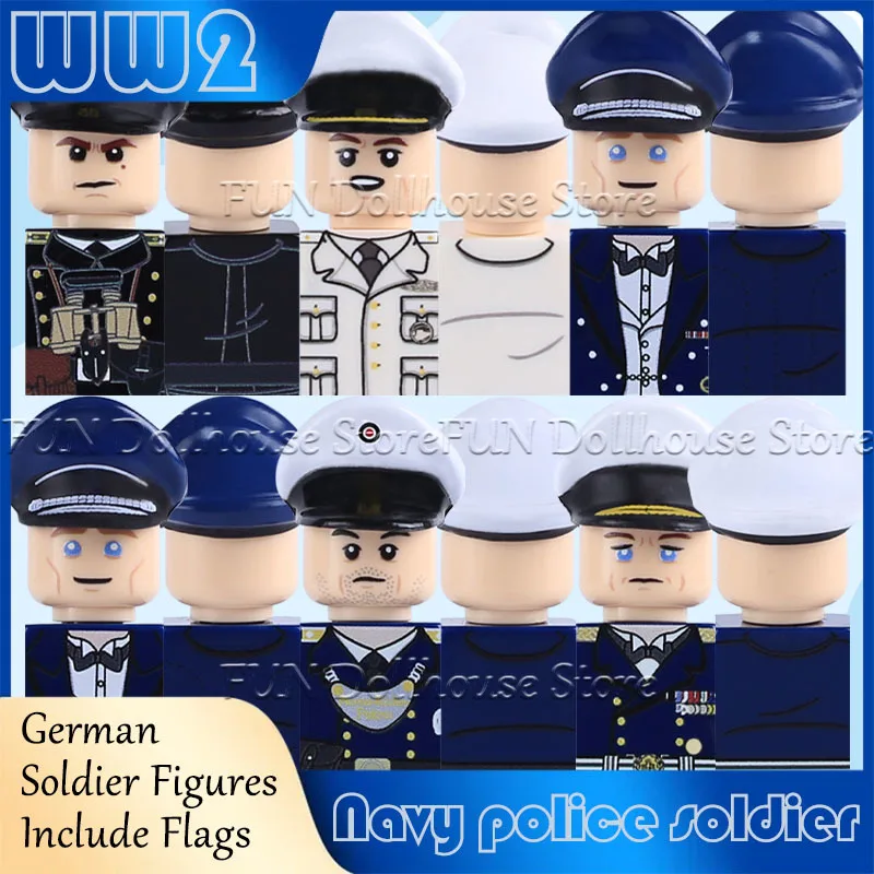 

WW2 German Navy Military Building Blocks Army Soldier Figures Commander Coastal Police lieutenant Marine Hat Flag DIY Bricks Toy