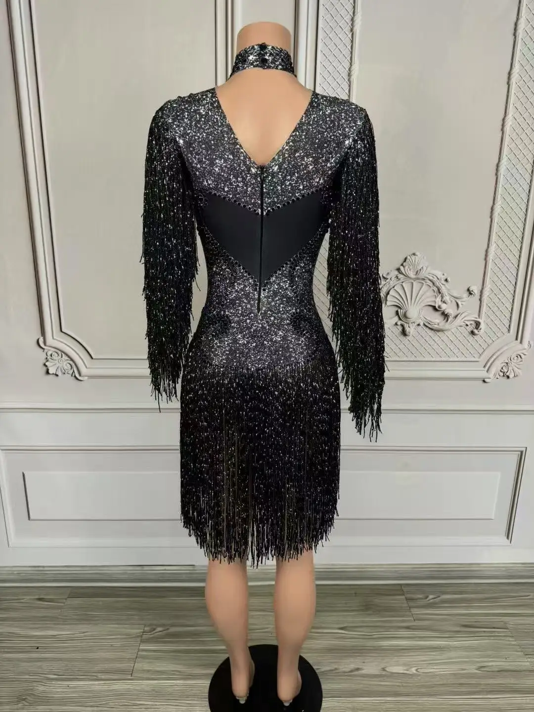 반짝 이는 검은 라인 석 긴 소매 프린지 바디 슈트 여성 섹시한 공연 댄스 의상 나이트 클럽 가수 댄서 무대 착용