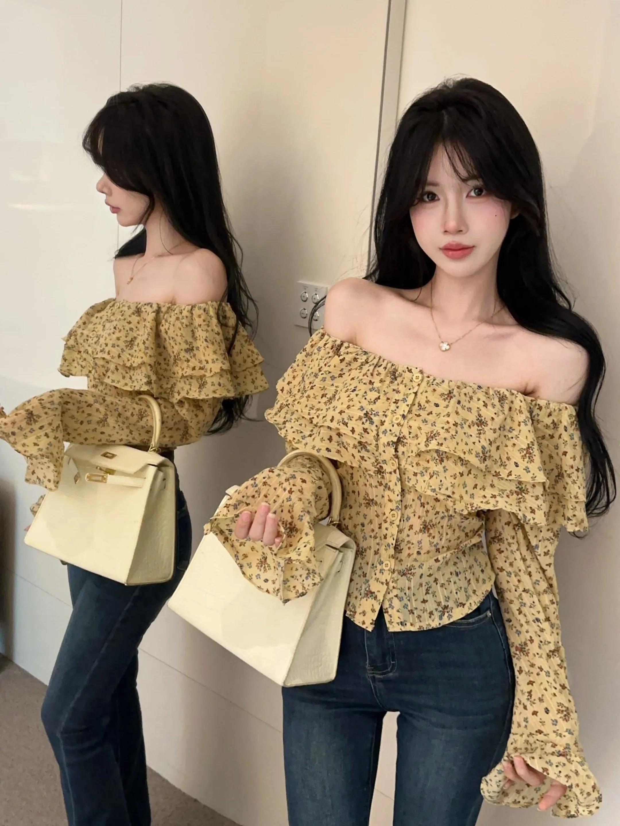 

Retro Floral Print One Shoulder Long Sleeve Women's Shirts Summer Korean Style Slimming Design Short Length Chiffon Tops