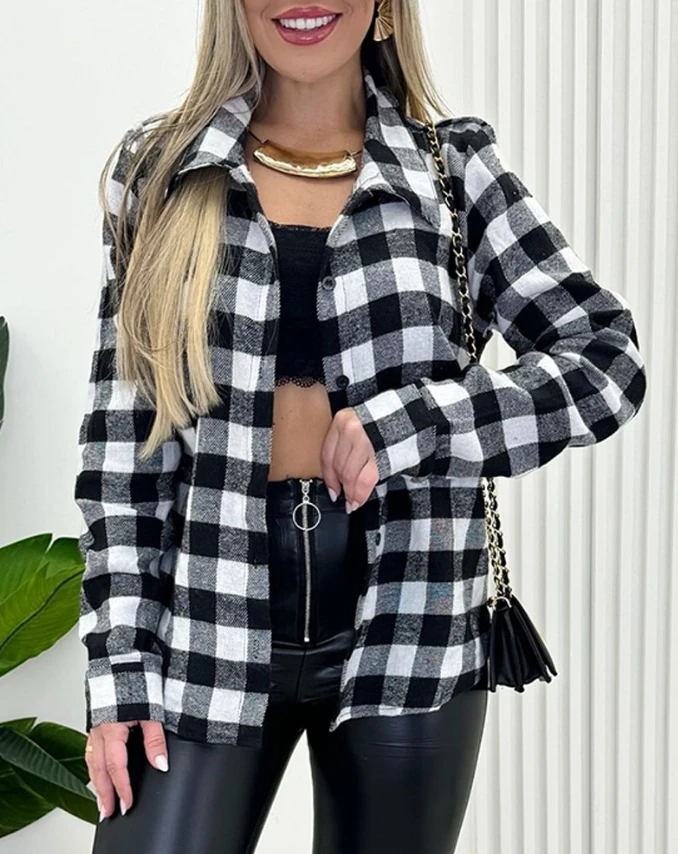 

Women's Shirt Tops Fashion Commuting Daily Casual Plaid Print Turn-down Collar Buttoned Long Sleeve Loose Fitting Straight Top