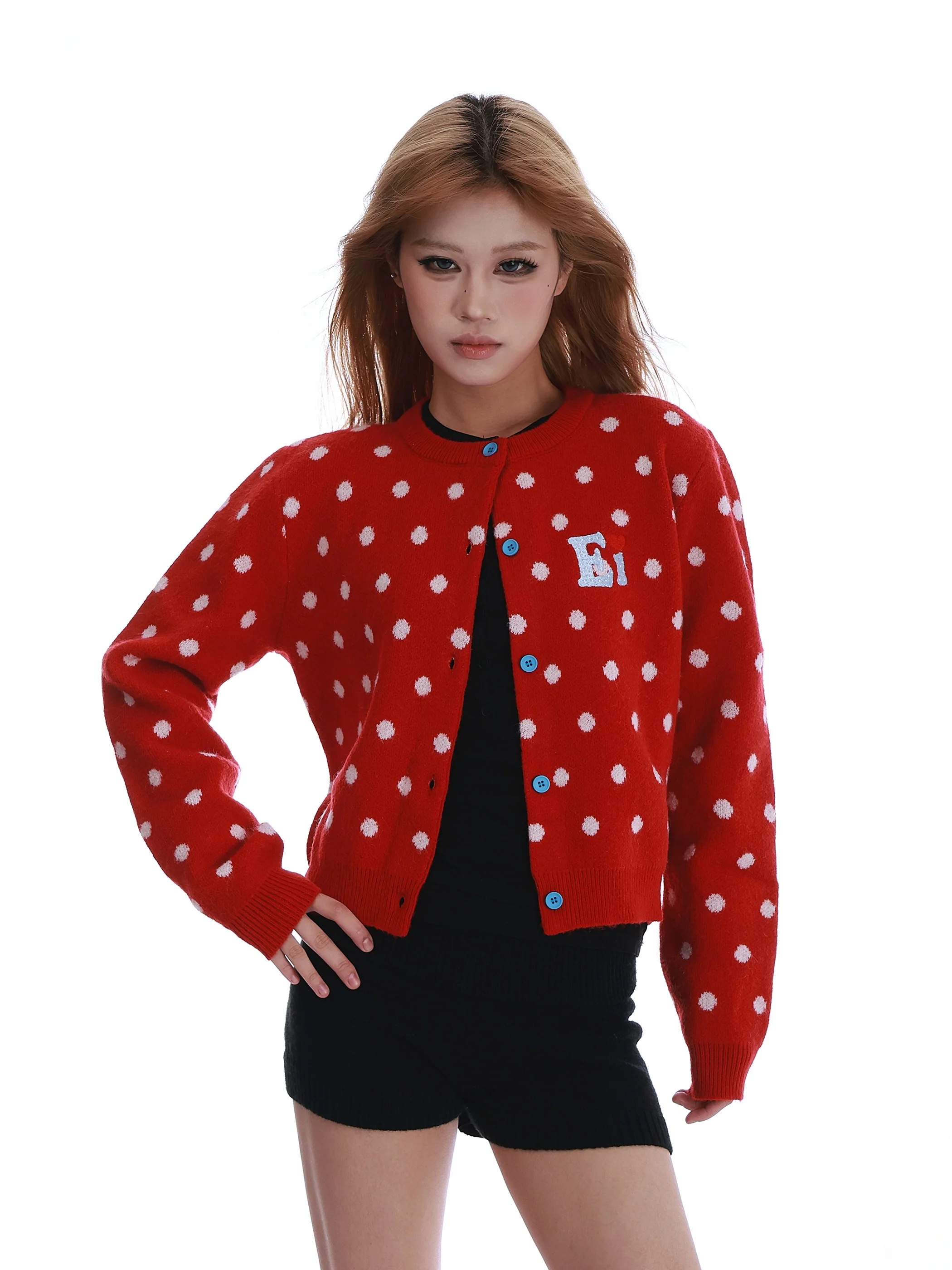 

American Sle Polka Dot Knitted Open Cardigan Top Women's ort Loose Versatile Red Sweater Jaet Autumn Winter Casual Wear