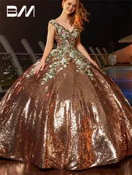 Sequined Ballgown Sweet 15 16 Dress V Neck Floral Appliques Shinny Quinceanera Dress 2024 Custom Made High Quality