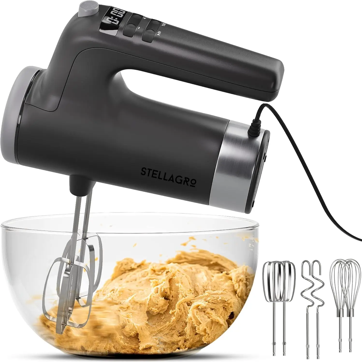 

9-Speed Electric Hand Mixer with Stainless Steel Attachments, Compact 350W for Baking & Cooking, Gray