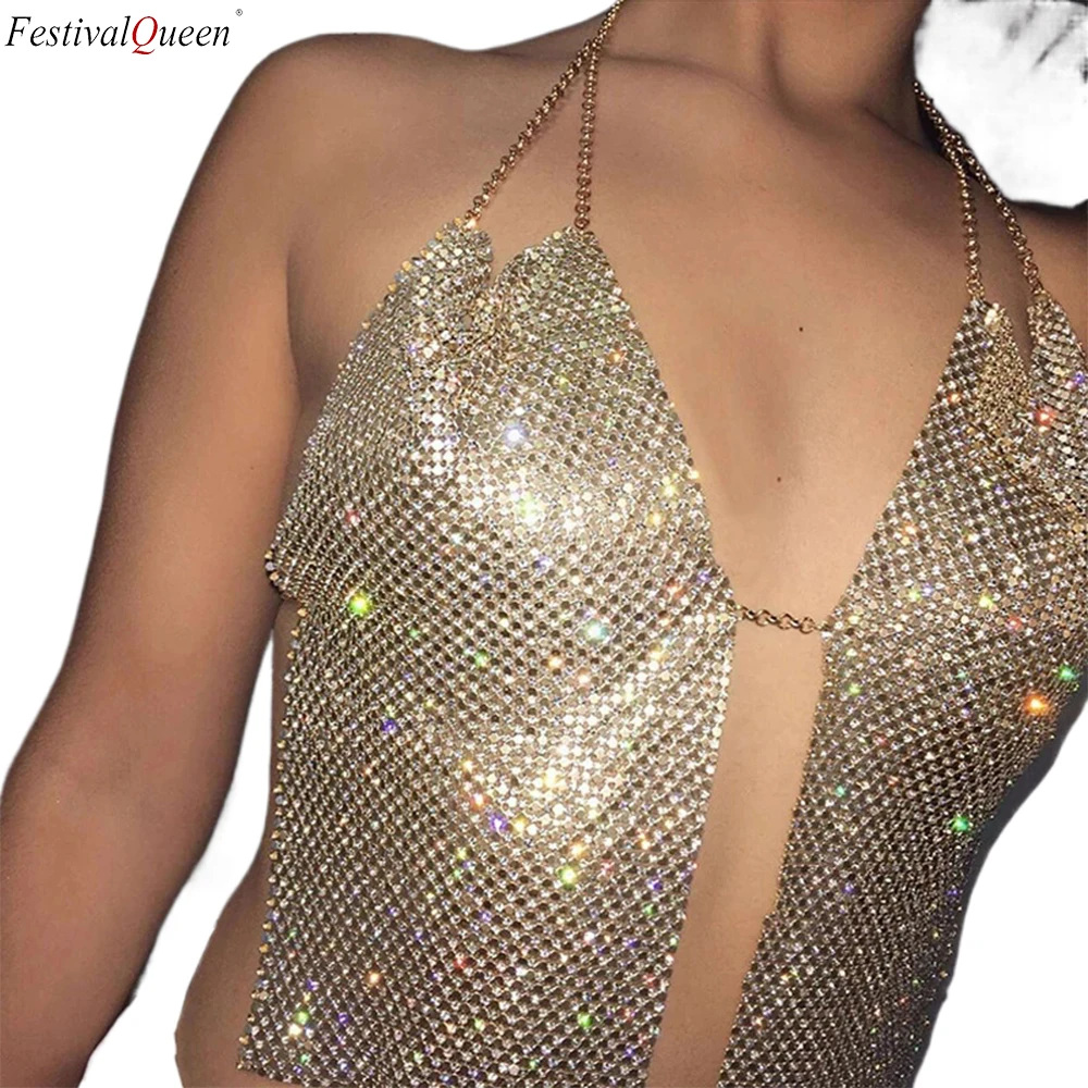 FestivalQueen Metallic Chain Detail Backless Halter Top Sexy Split Front Crop Club Wear Top Women's Clothing