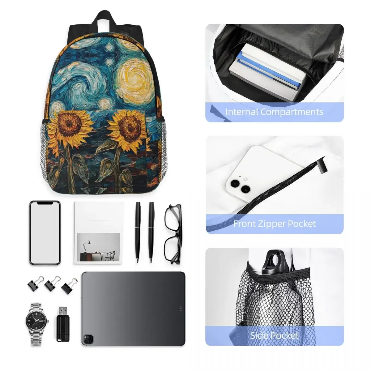 Mochilas Van Gogh con girasoles y noche estrellada, mochila para niños y niñas, mochila escolar para estudiantes, mochila para ordenador portátil, bolso de hombro de gran capacidad