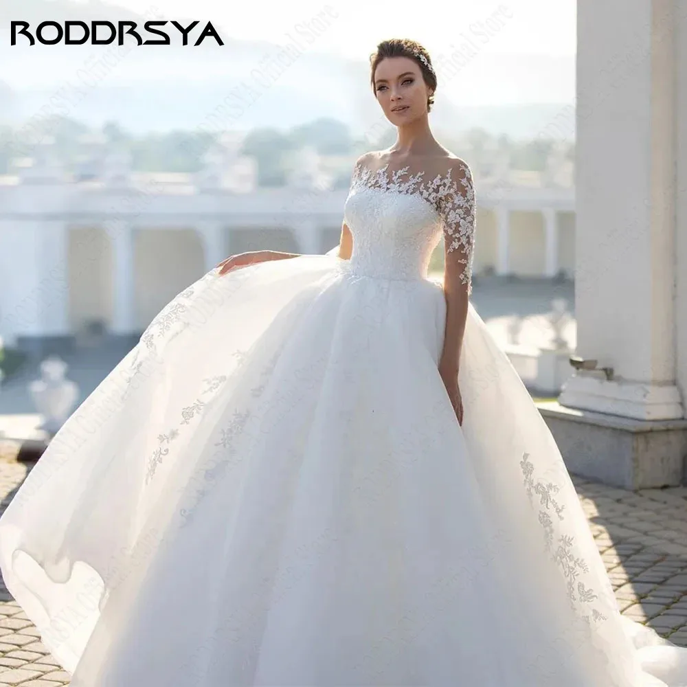 

RODDRSYA Exquisite Long Sleeves A-Line Wedding Dresses Scoop Nack Appliques Button Bridal Gown Elegant Tulle Vestido De Novia