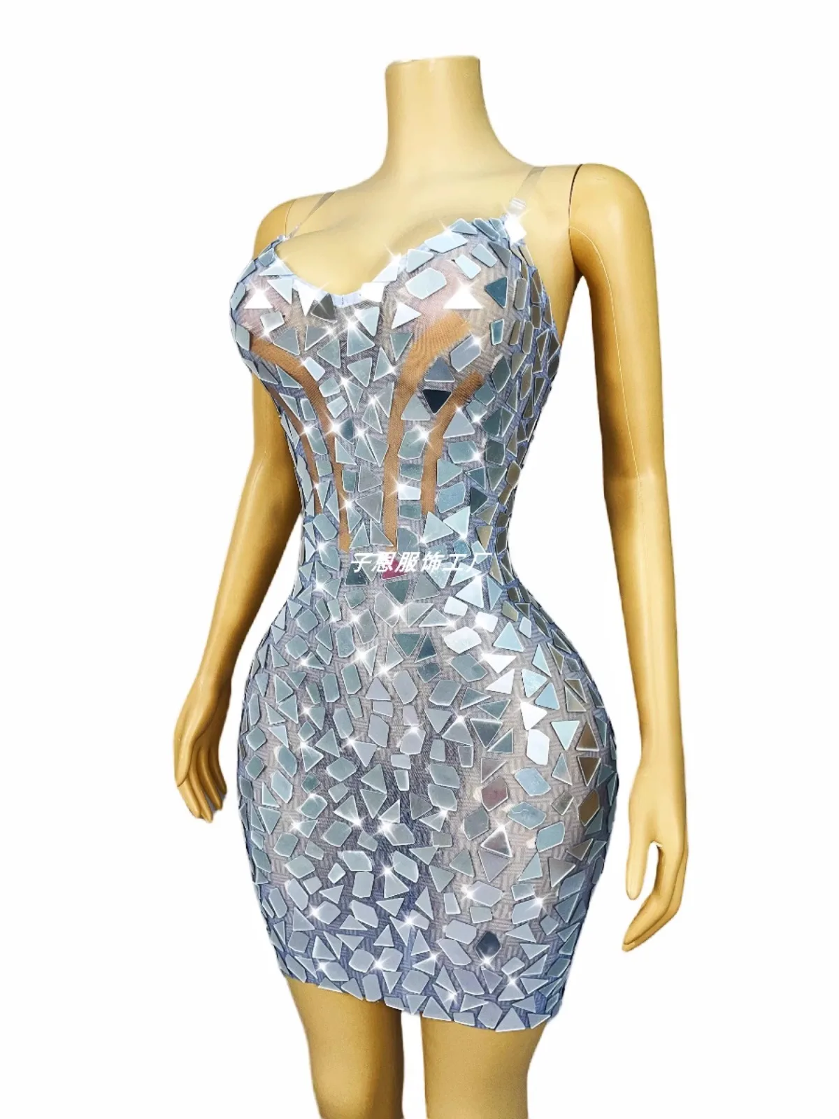 Temperament sparkling silver grey lens slim-fit mesh slip dress cocktail party fashion show dress performance dress