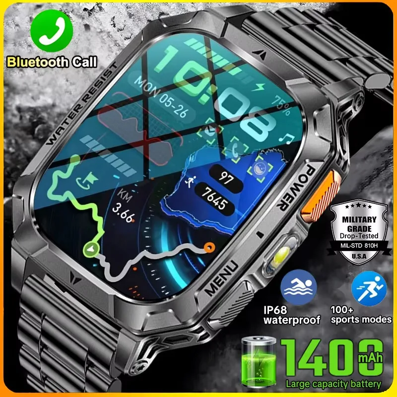 

Original Military 1400mAh Battery Smart Watch Fitness Tracking IP68 Waterproof Tactical Sport Flashlight 2026 New Men Smartwatch