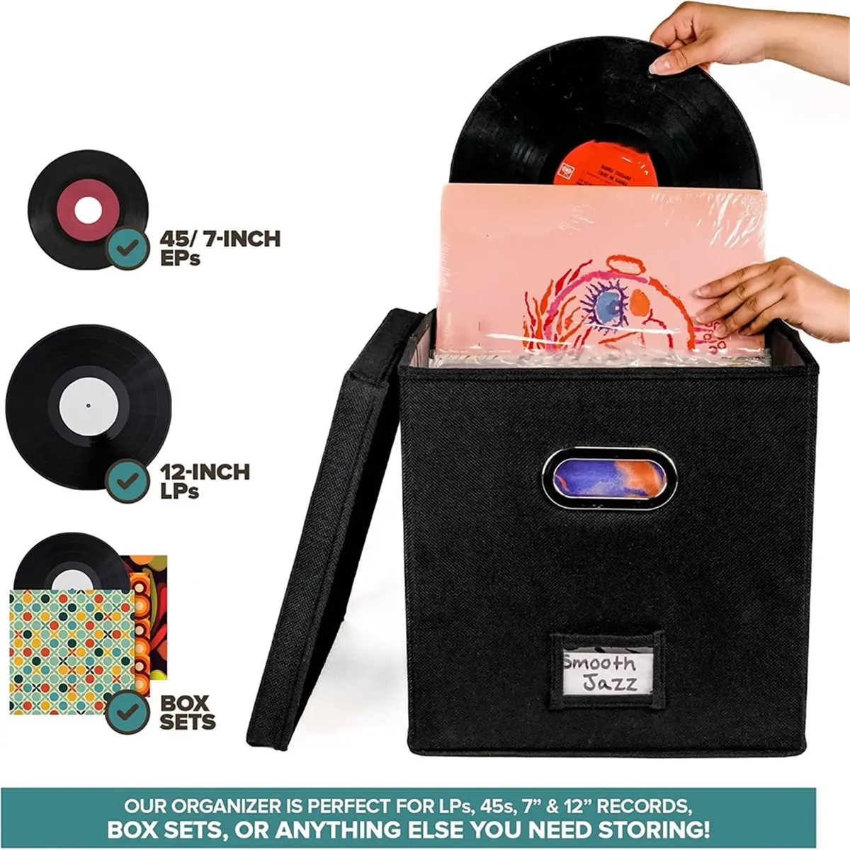 Vinyl Record Storage Box for 50+ Albums, Stylish Crate for LPs, Moving & Home Organizer