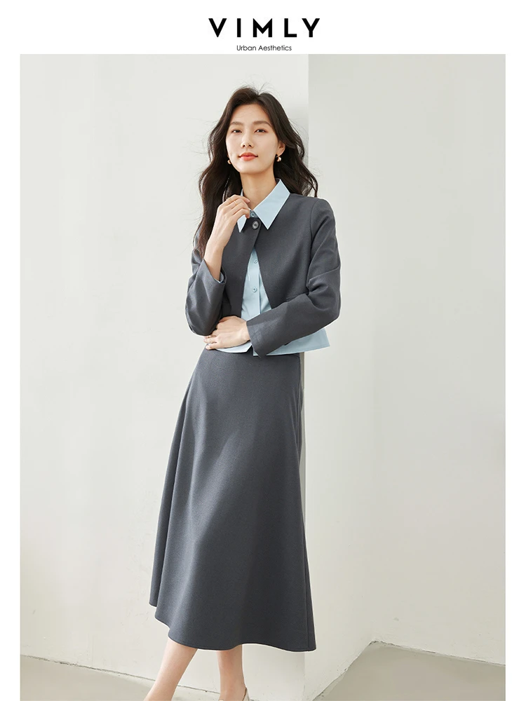 Vimly Spring Women Blazer Suit 2024 Long Sleeve Jacket Lapel Shirt Midi Skirts Three Pieces Sets New In Matching Set M5789