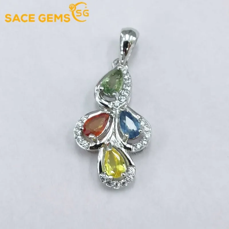 SACE GEMS Certified 925 Sterling Silver 3*5MM Colorful Sapphire Pendant Necklace for Women Engagement Cocktail Party Fine Jewelr