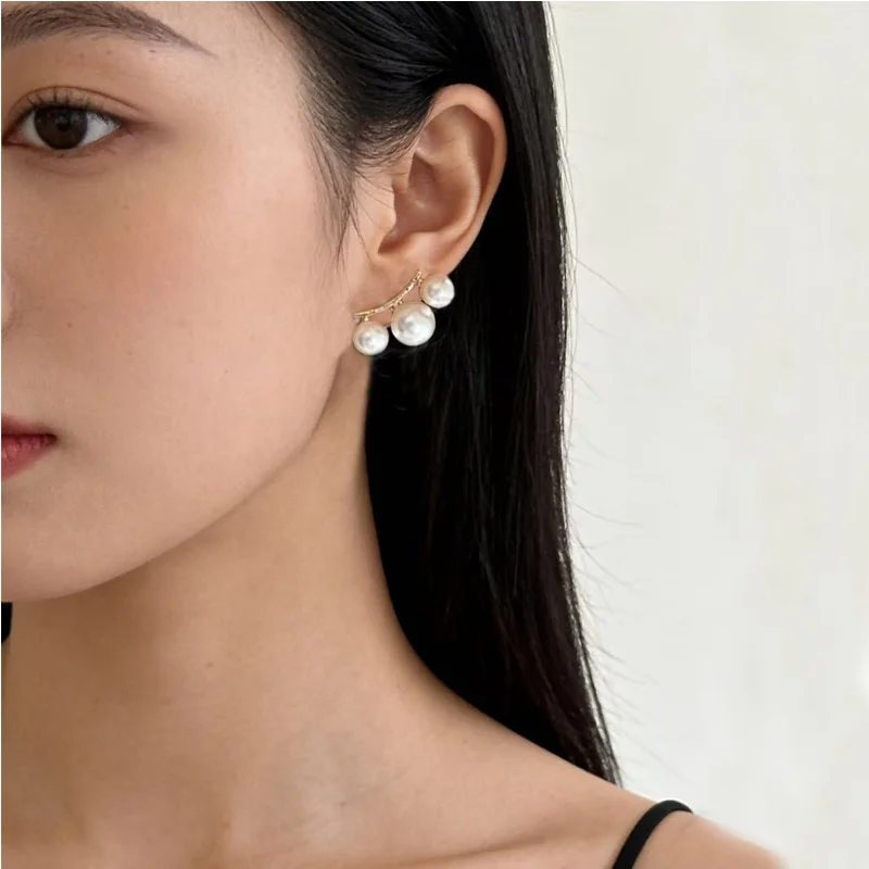 

Elegant Graduated Pearl Stud Earrings, Gold Tone Three-Pearl Crawler Earrings, Minimalist Wedding Jewelry for Women