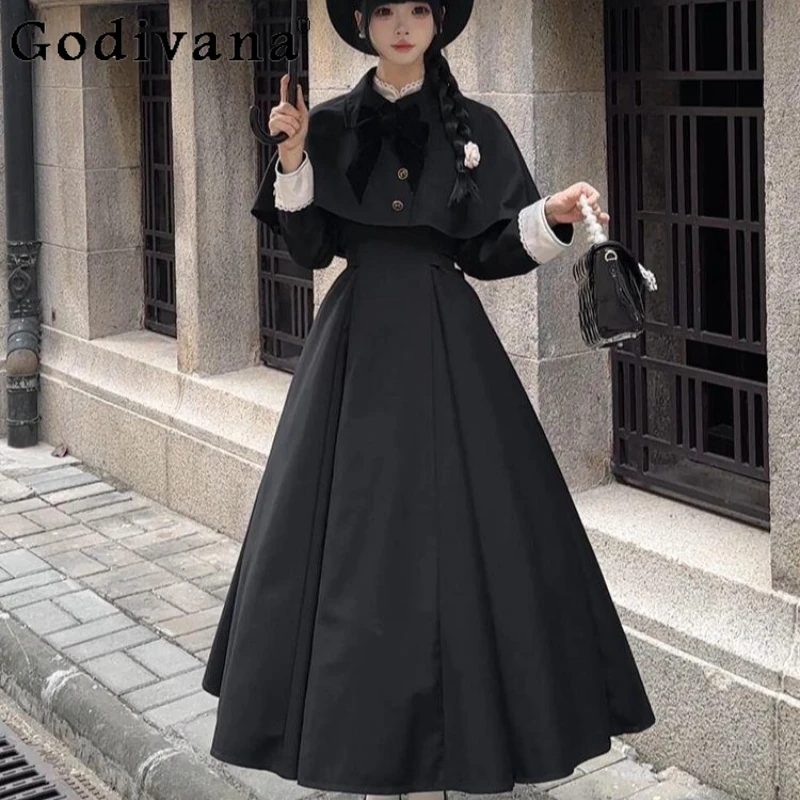 

Women's Japanese Style Black Dress and Elegant Cape Lolita Set Bow Design Long Sleeve Dress Female Autumn Sweet Long Dress