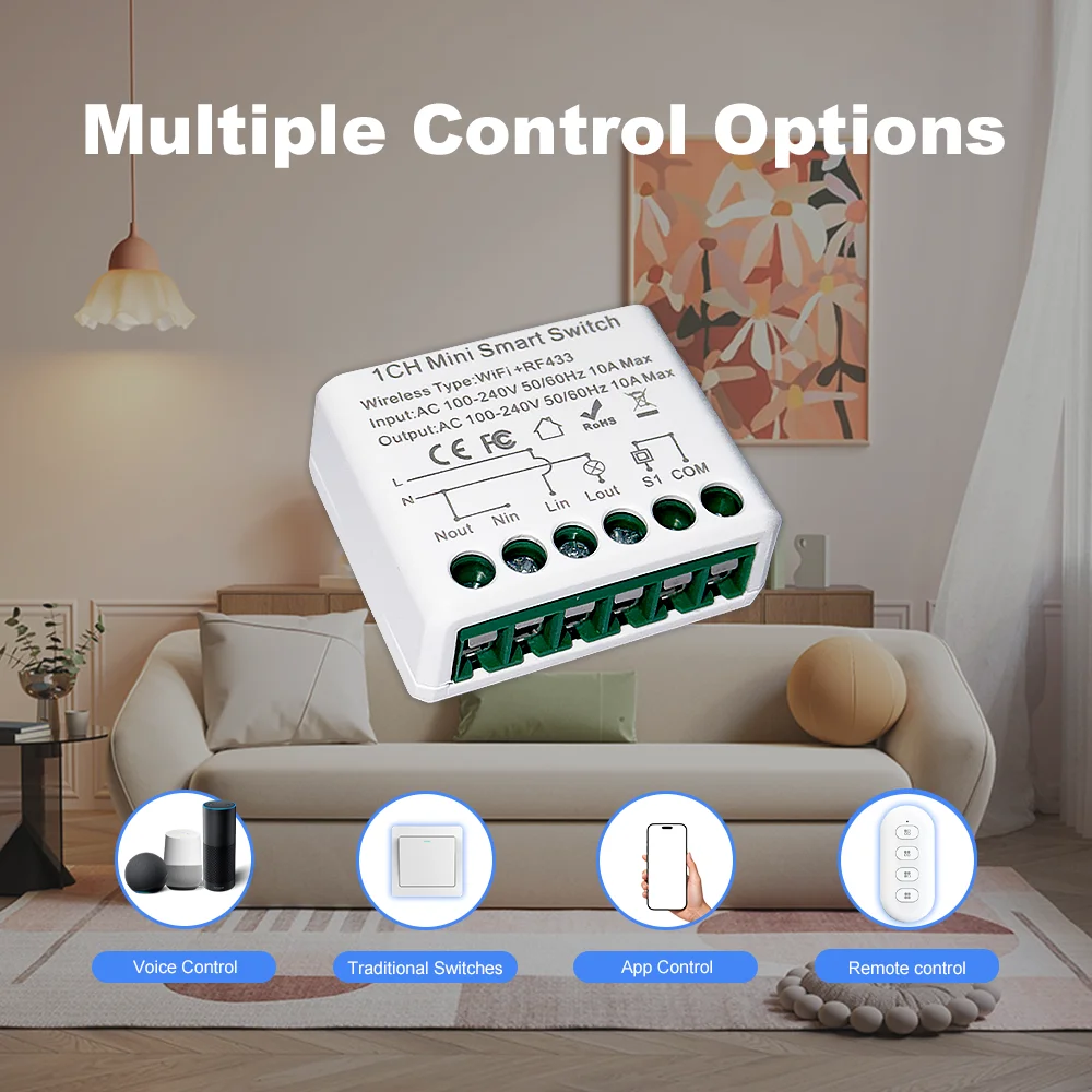 

Мини-модуль умного выключателя Tuya Smart WiFi+RF 433 МГц, 10А, 100-240В переменного тока, DIY реле-приемник для умного дома, совместимый с Alexa и Google Home