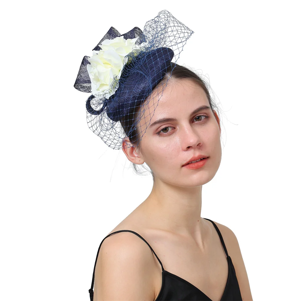 High Quality Sinamay Fascinator Hat Wedding Elegant Women Small Hair Top Hats Party Dinner Occasion Flower Veil Hair Accessories