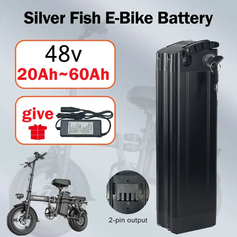 100% high-quality 48V 20ah 30ah 60ah, 2-pin output lithium battery pack Silver Fish battery 500w Lithium ion 48V 18650 battery