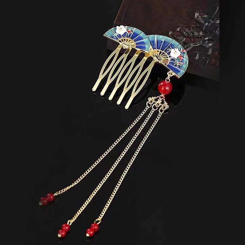 Chinese Style Tassel Fan Hair Stick Women Traditional Horse-face Skirt Hairpiece