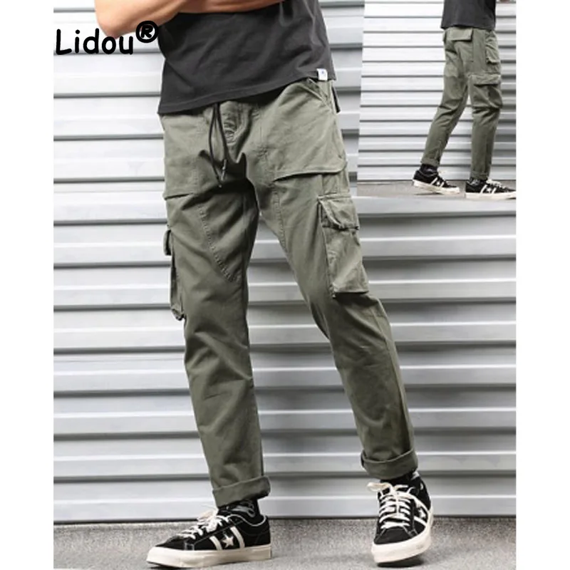 

Trendy Multi Pocket Cargo Pants Straight Tube Loose Pants Casual Pants Ins Man Fashion Waist Drawstring Male Trousers 2023