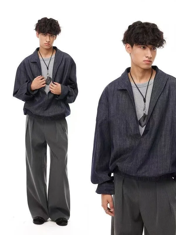 

ex Original Color Denim Overlap Large V-ne Sweatirt Loose Trendy Spring Autumn Outerwear Jaet Youth Polyester Fiber