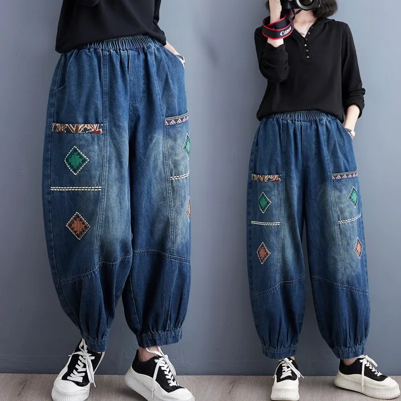 2023 New Arrival Autumn National Style Women Elastic Waist Cotton Denim Wide Leg Pants Vintage Embroidery Loose Jeans P246