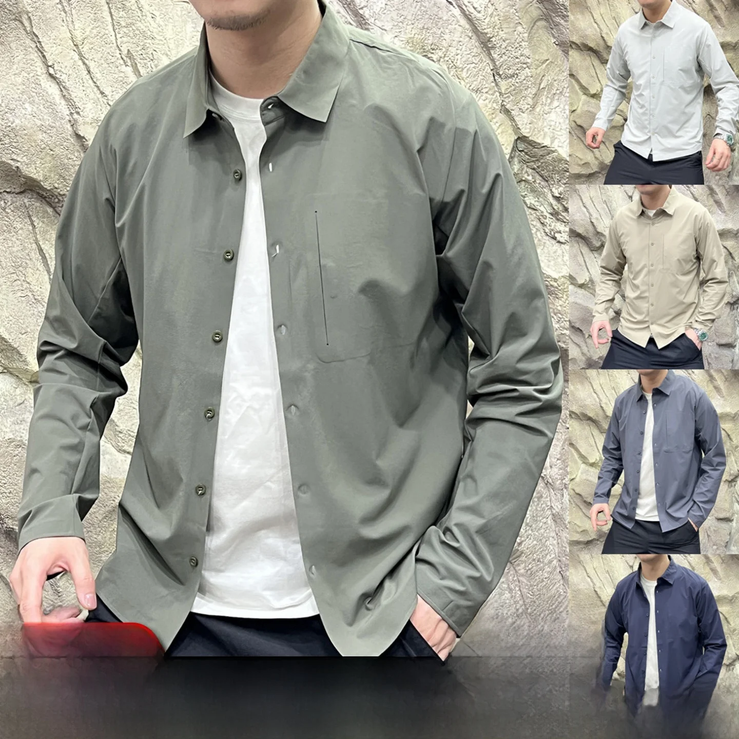 

Outdoor Men's Long Sve irt Qui Dry Busin Stand Fit Nylon Spandex Polyester Emed Autumn Commuting irt