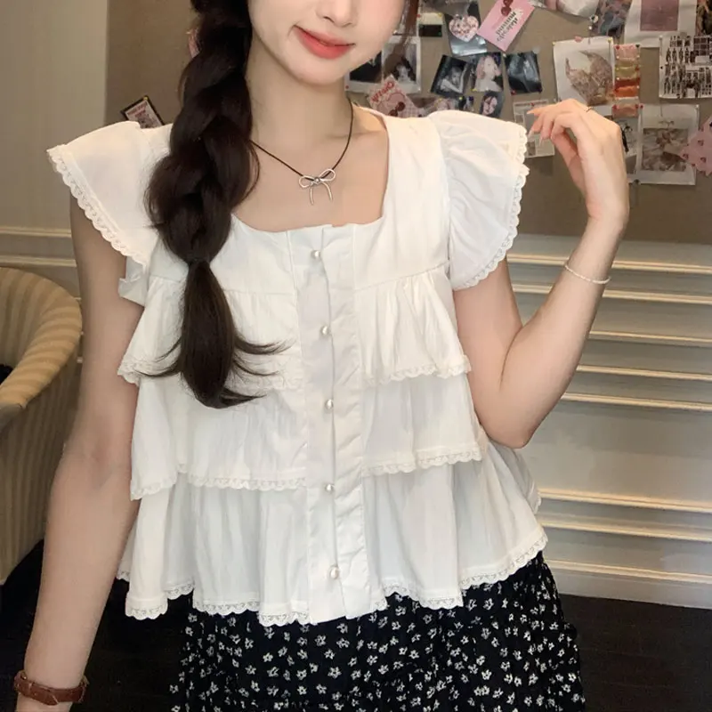 Sweet Flying Sleeve Lace Spliced Blouse Summer Thin Square Collar Female Clothing Stylish Ruffles Solid Color Casual Basic Shirt