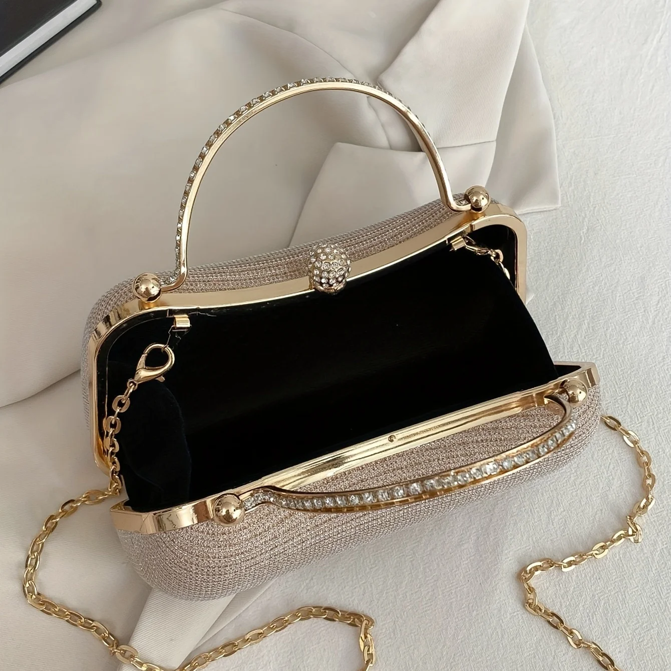 Elegant Mini Evening Satchel Bag, Top Metal Handle Banquet Bag, Classic Rhinestone Decor Clip Handbag And For Music Festival